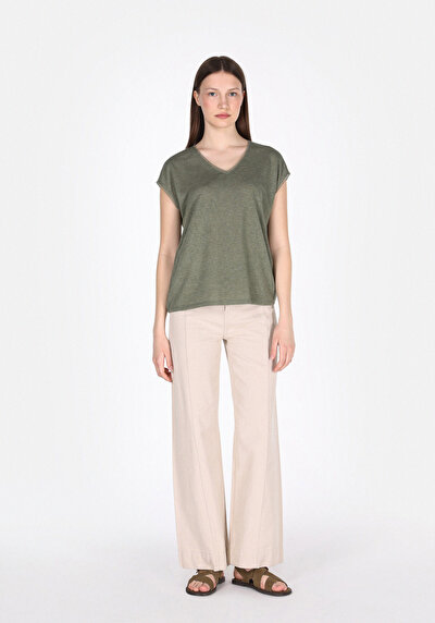 Image de T-shirt À Manches Courtes Kaki Regular Fit Droit Femme