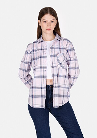 Image de Chemise À Manches Longues Rose Regular Fit Plaid Popeline Femme