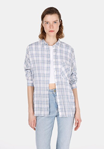 Afficher les détails de Chemise À Manches Longues Bleu Relaxed Fit Plaid Uni Femme