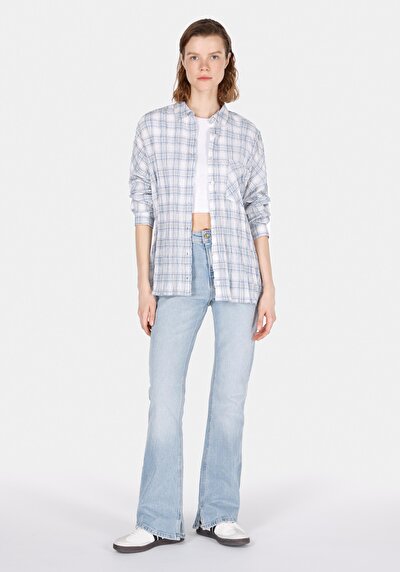 Afficher les détails de Chemise À Manches Longues Bleu Relaxed Fit Plaid Uni Femme
