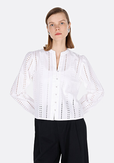 Image de Chemise À Manches Longues Blanc Regular Fit Droit Brodé Femme