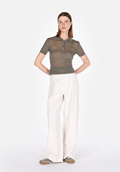 Afficher les détails de Pantalon Blanc Wide Leg High Rise En Sergé Regular Fit Femme
