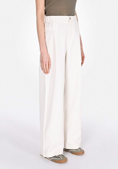Afficher les détails de Pantalon Blanc Wide Leg High Rise En Sergé Regular Fit Femme