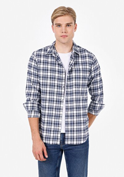 Image de Chemise À Manches Longues Marine Regular Fit Plaid Popeline Homme