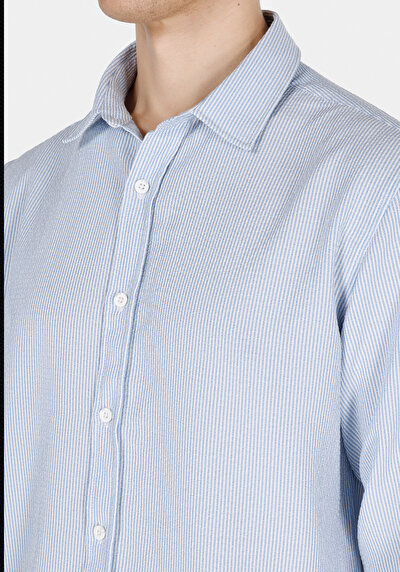 Image de Chemise À Manches Longues Bleu Regular Fit Rayé Popeline Homme