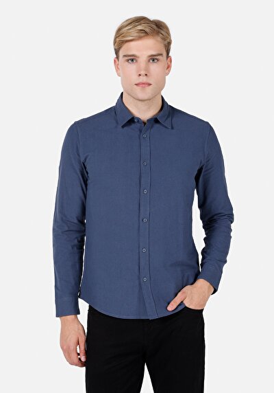 Image de Chemise À Manches Longues Bleu Slim Fit Droit Popeline Homme