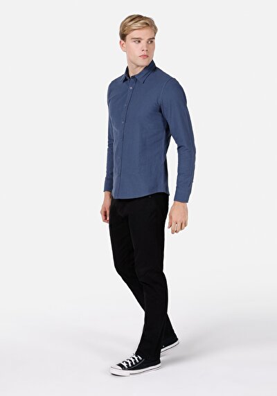 Image de Chemise À Manches Longues Bleu Slim Fit Droit Popeline Homme