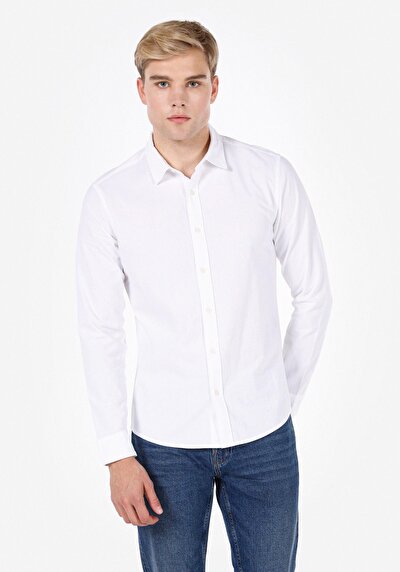 Image de Chemise À Manches Longues Blanc Slim Fit Droit Popeline Homme