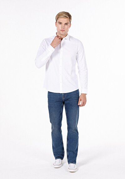 Afficher les détails de Chemise À Manches Longues Blanc Slim Fit Droit Popeline Homme