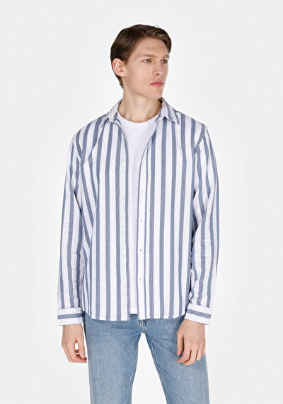 Image de Chemise À Manches Longues Bleu Regular Fit Rayé Ratière Homme