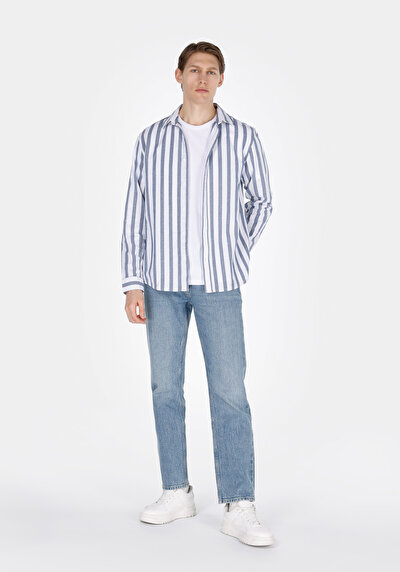 Image de Chemise À Manches Longues Bleu Regular Fit Rayé Ratière Homme