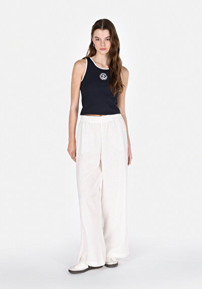 Afficher les détails de Pantalon Blanc Wide Leg High Rise En Uni Regular Fit Femme