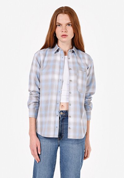 Image de Chemise À Manches Longues Bleu Regular Fit Plaid Flanelle Femme