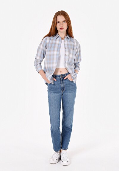 Image de Chemise À Manches Longues Bleu Regular Fit Plaid Flanelle Femme