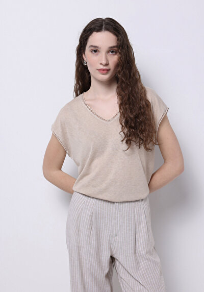 Image de T-shirt À Manches Courtes Beige Regular Fit Droit Femme