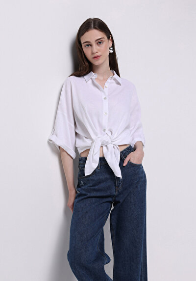 Afficher les détails de Chemise À Manches Longues Blanc Relaxed Fit Droit Uni Femme