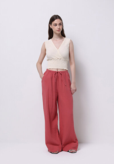 Image de Pantalon Rose Wide Leg High Rise En Mousseline Regular Fit Femme