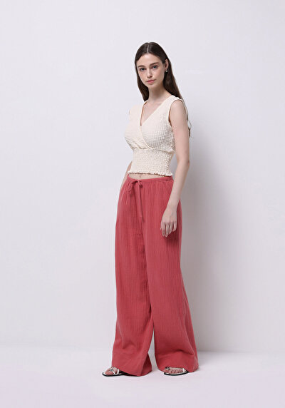 Image de Pantalon Rose Wide Leg High Rise En Mousseline Regular Fit Femme