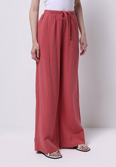 Image de Pantalon Rose Wide Leg High Rise En Mousseline Regular Fit Femme