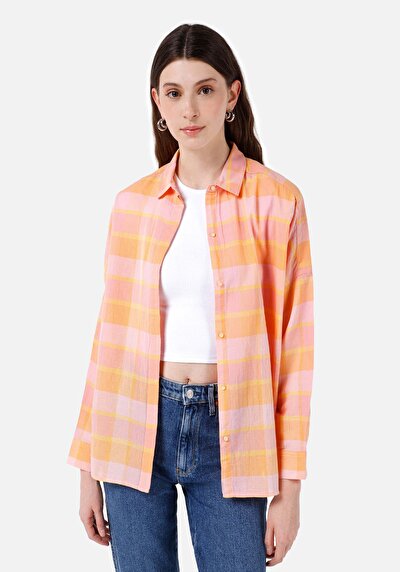 Image de Chemise À Manches Longues Saumon Relaxed Fit Plaid Ratière Femme