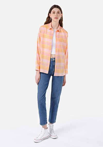 Image de Chemise À Manches Longues Saumon Relaxed Fit Plaid Ratière Femme