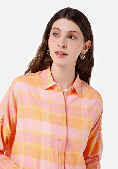 Image de Chemise À Manches Longues Saumon Relaxed Fit Plaid Ratière Femme