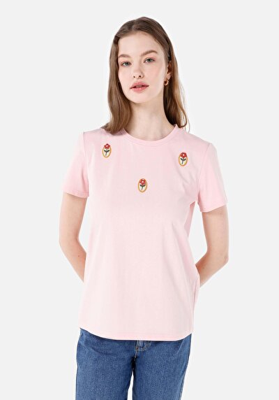 Image de T-shirt À Manches Courtes Rose Regular Fit Imprimé Femme