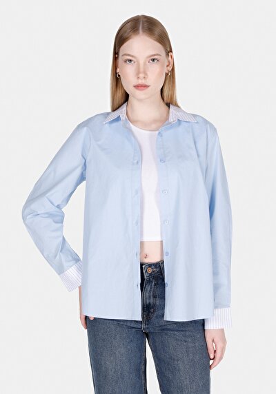 Image de Chemise À Manches Longues Bleu Regular Fit Rayé Popeline Femme