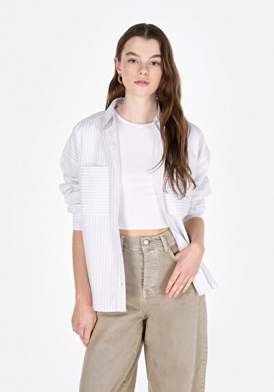Image de Chemise À Manches Longues Blanc Regular Fit Rayé Popeline Femme