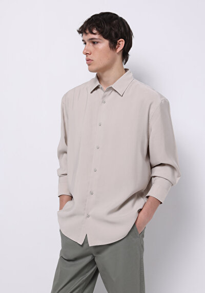 Afficher les détails de Chemise À Manches Longues Beige Comfort Fit Droit Sergé Homme
