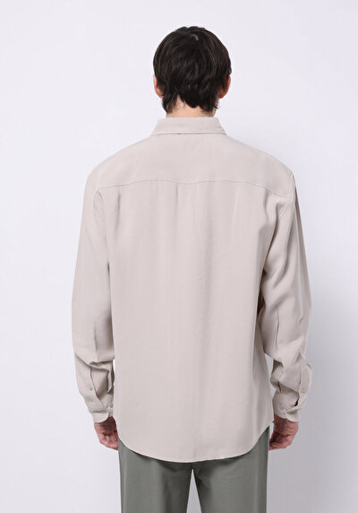 Image de Chemise À Manches Longues Beige Comfort Fit Droit Sergé Homme