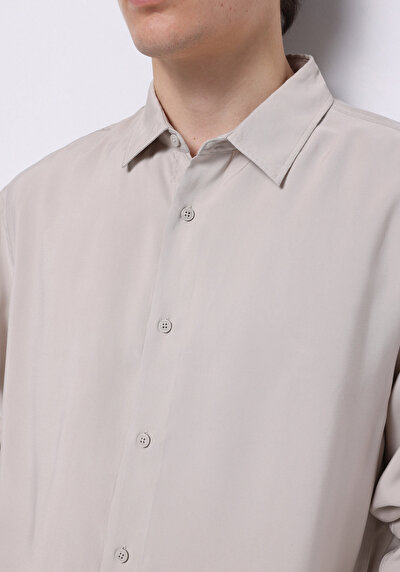 Image de Chemise À Manches Longues Beige Comfort Fit Droit Sergé Homme