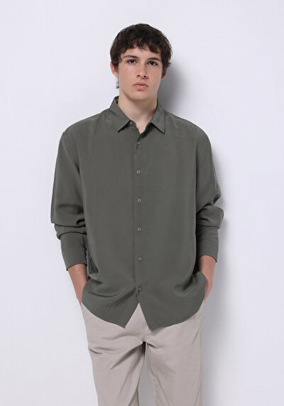 Image de Chemise À Manches Longues Kaki Comfort Fit Droit Sergé Homme