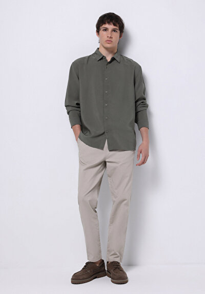 Image de Chemise À Manches Longues Kaki Comfort Fit Droit Sergé Homme