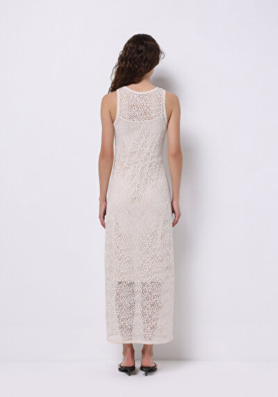 Image de Robe Ecru Slim Fit Sans Manches Mdi Jacquard Femme