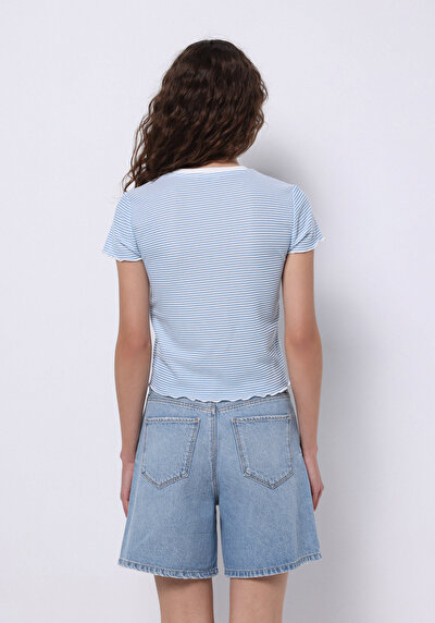 Image de T-shirt À Manches Courtes Bleu Slim Fit Rayé Femme