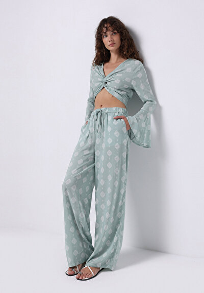 Image de Pantalon Vert Wide Leg High Rise En Uni Regular Fit Femme