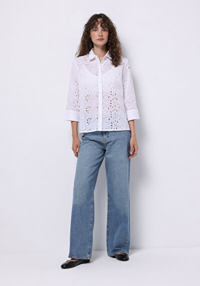 Image de Chemise À Manches Longues Blanc Regular Fit Brodé Uni Femme