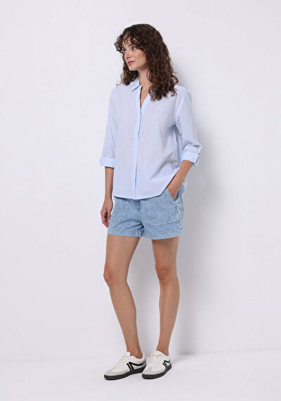 Image de Chemise À Manches Longues Bleu Regular Fit Rayé Uni Femme