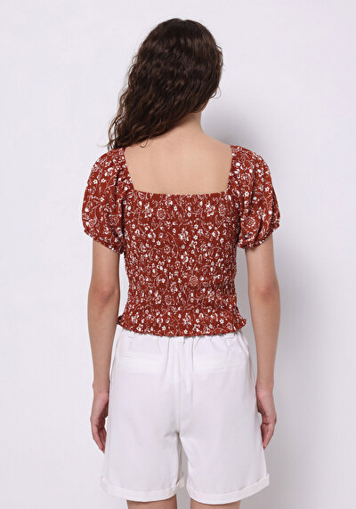 Image de Blouse À Manches Courtes Marron Slim Fit Manches Ballon Femme