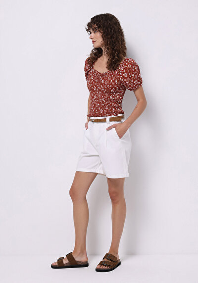 Image de Blouse À Manches Courtes Marron Slim Fit Manches Ballon Femme