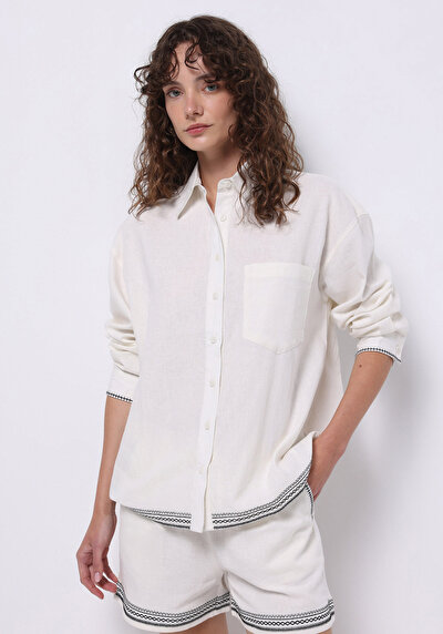 Image de Chemise À Manches Longues Blanc Regular Fit Brodé Uni Femme