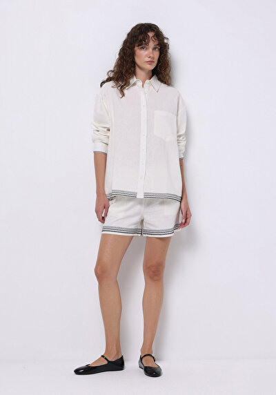Image de Chemise À Manches Longues Blanc Regular Fit Brodé Uni Femme