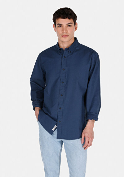 Image de Chemise À Manches Longues Marine Regular Fit Droit Lin Homme