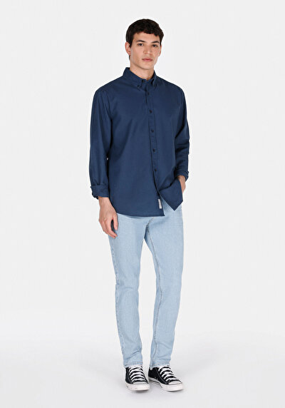 Image de Chemise À Manches Longues Marine Regular Fit Droit Lin Homme