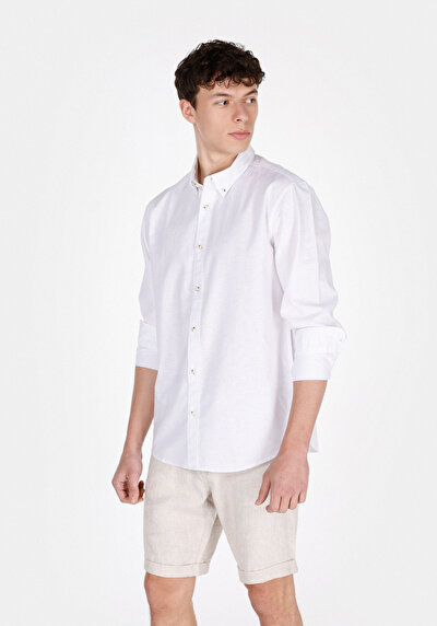 Image de Chemise À Manches Longues Blanc Regular Fit Droit Lin Homme