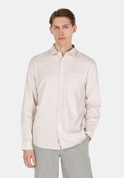 Image de Chemise À Manches Longues Beige Relaxed Fit Droit Lin Homme