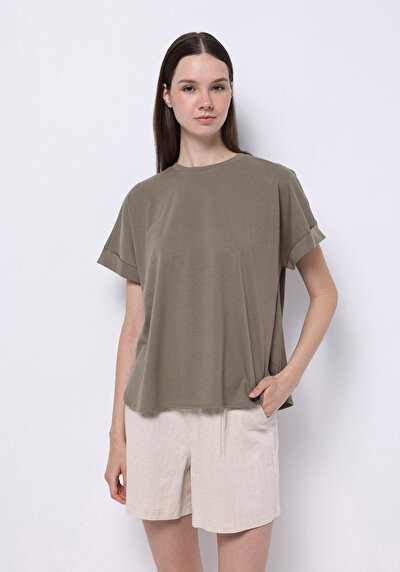 Image de T-shirt À Manches Courtes Kaki Regular Fit Droit Femme