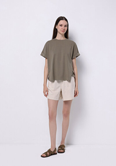Afficher les détails de T-shirt À Manches Courtes Kaki Regular Fit Droit Femme