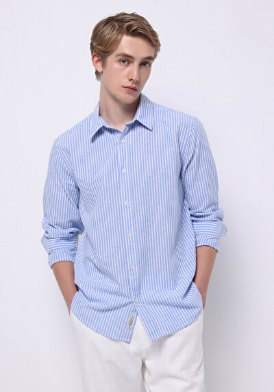Image de Chemise À Manches Longues Bleu Regular Fit Rayé Lin Homme